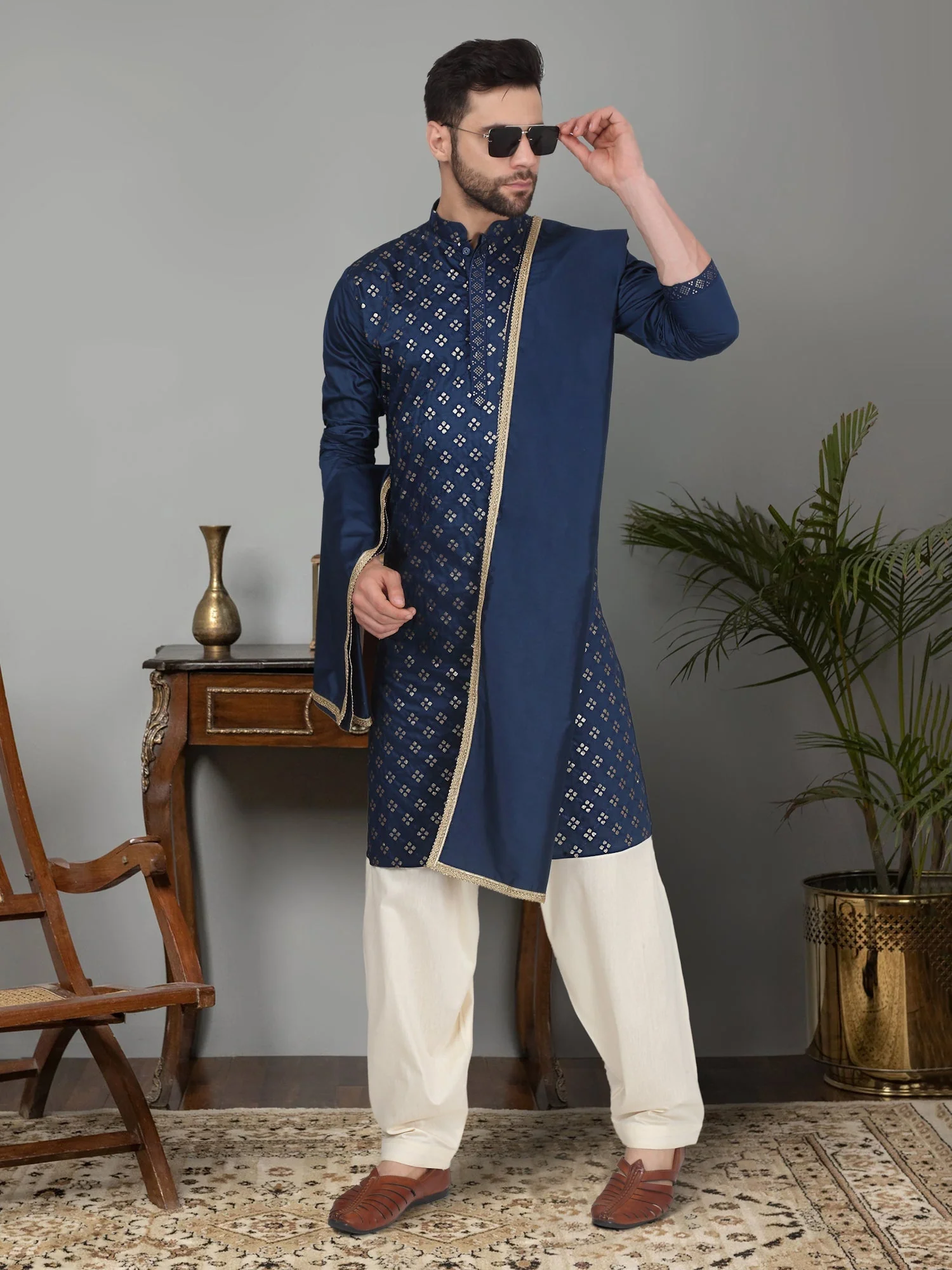 KRAFT INDIA Men's Cotton Silk Sequenced Embroided Kurta with Beige Elastic Waistband Salwar with Matching Dupatta - Image 6