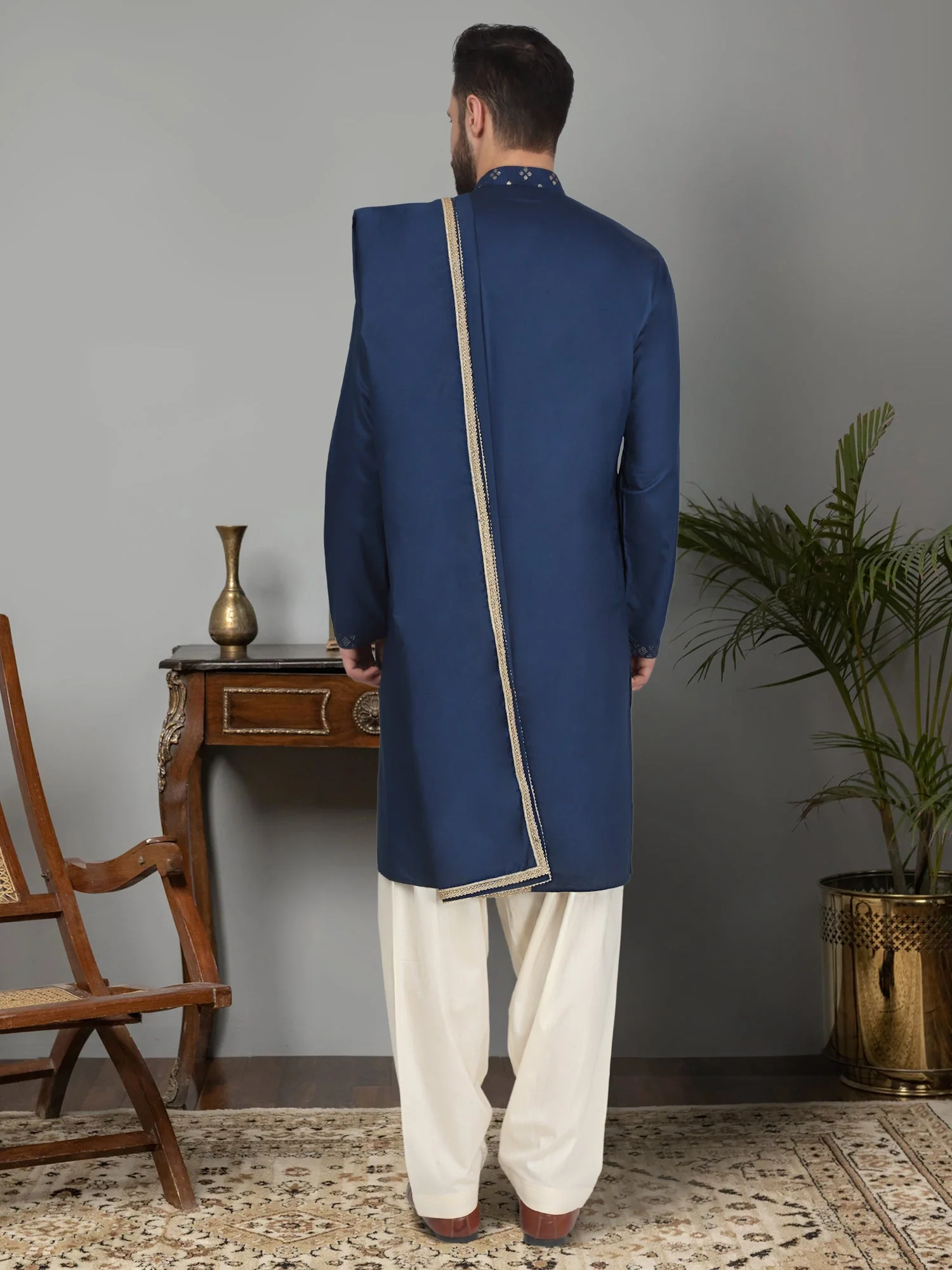 KRAFT INDIA Men's Cotton Silk Sequenced Embroided Kurta with Beige Elastic Waistband Salwar with Matching Dupatta - Image 7