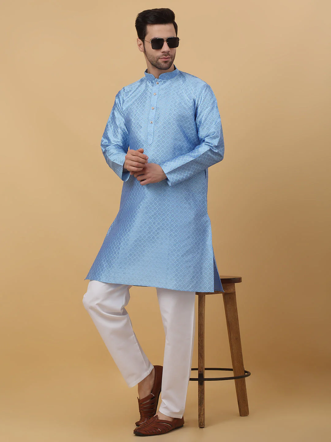 KRAFT INDIA Men's Silk Blend Geometric Jacquard Kurta With White Elastic Waistband Pyjama Set - Image 17