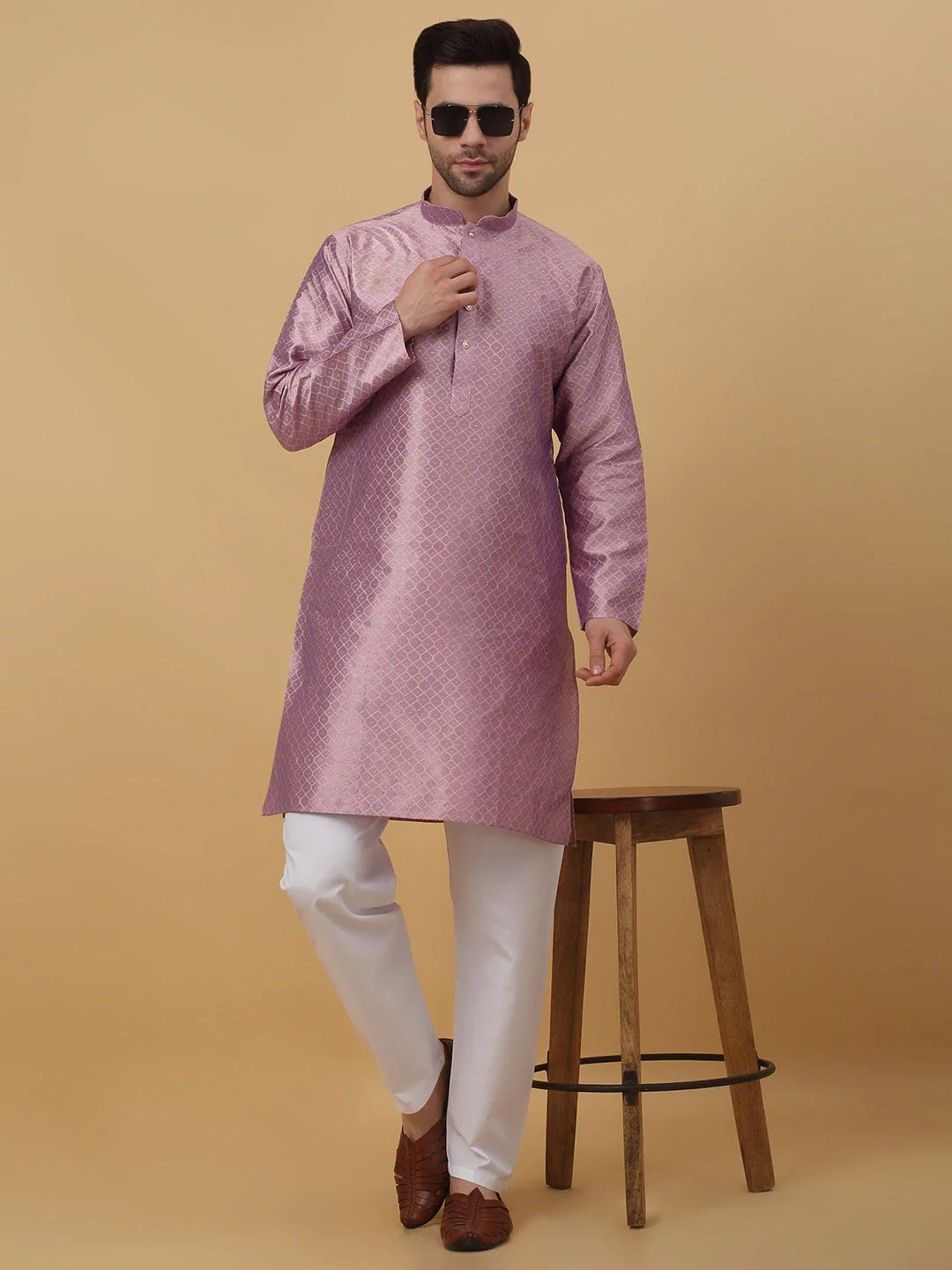 KRAFT INDIA Men's Silk Blend Geometric Jacquard Kurta With White Elastic Waistband Pyjama Set - Image 19