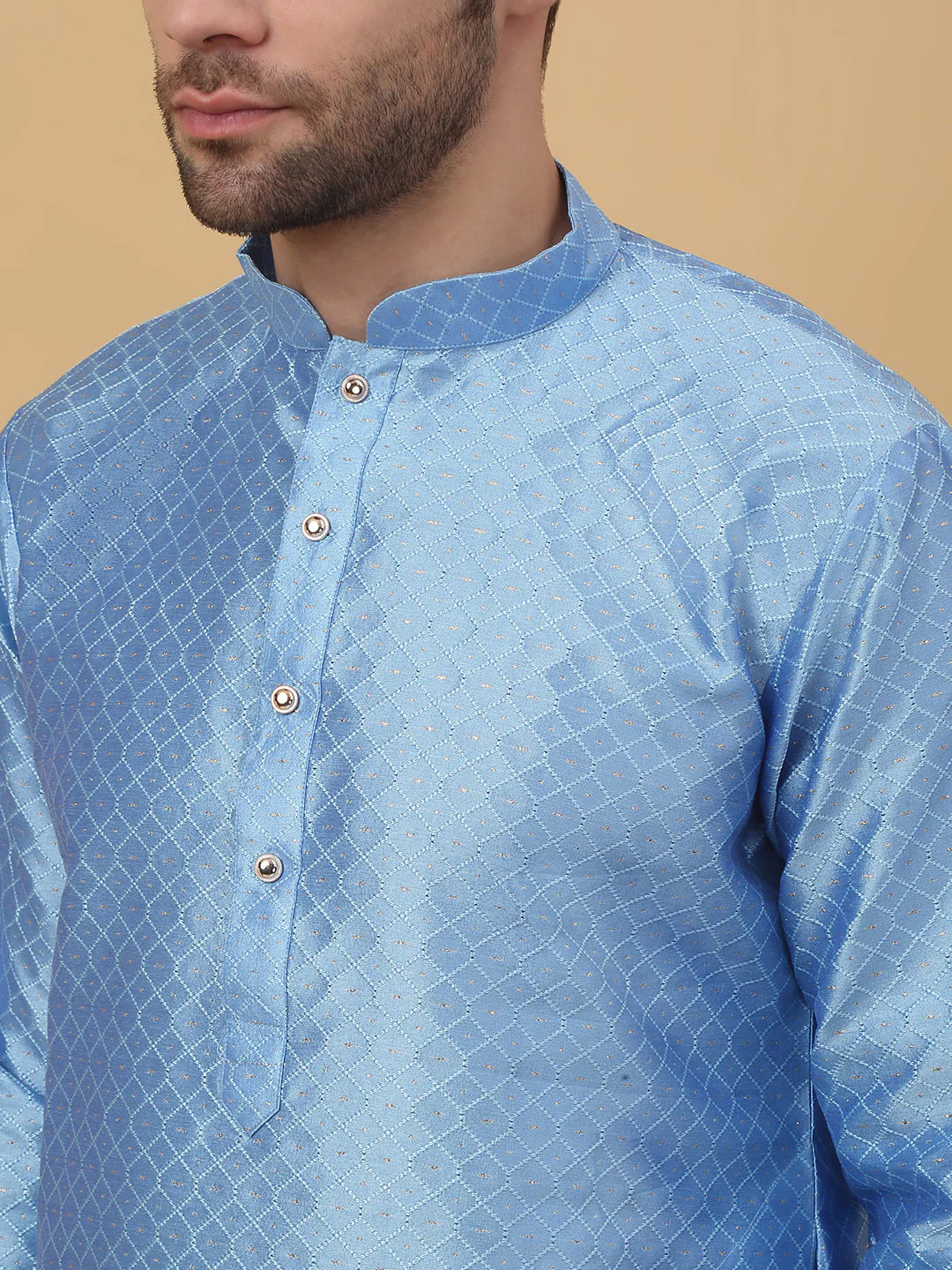 KRAFT INDIA Men's Silk Blend Geometric Jacquard Kurta With White Elastic Waistband Pyjama Set - Image 3