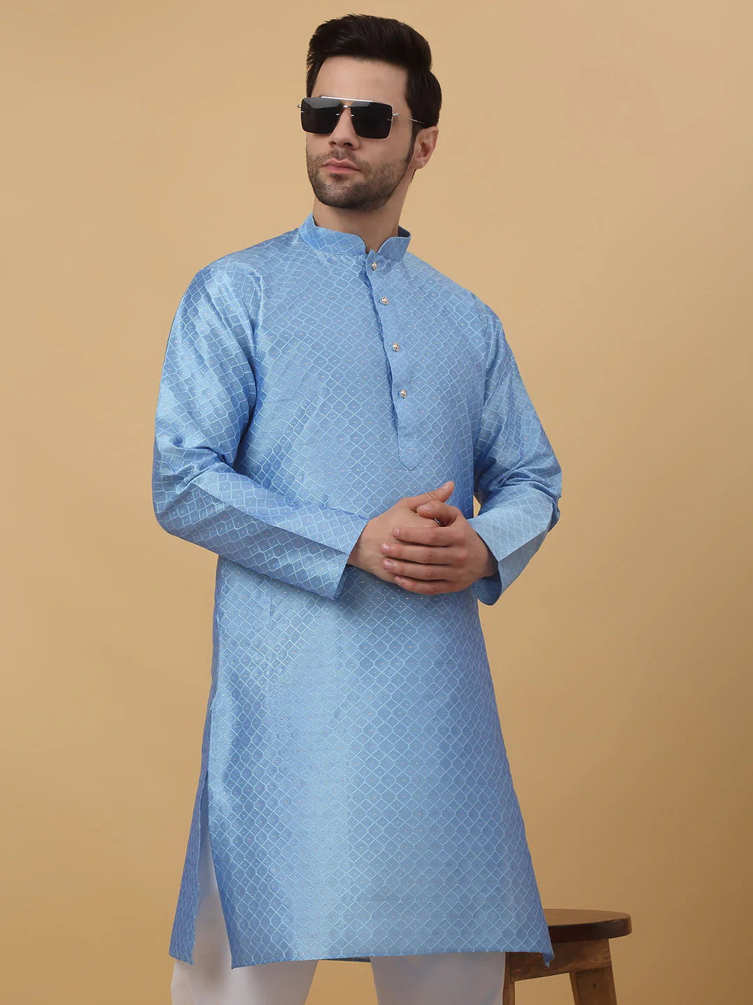 KRAFT INDIA Men's Silk Blend Geometric Jacquard Kurta With White Elastic Waistband Pyjama Set - Image 5