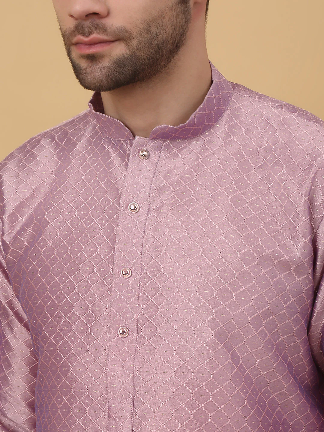 KRAFT INDIA Men's Silk Blend Geometric Jacquard Kurta With White Elastic Waistband Pyjama Set - Image 8