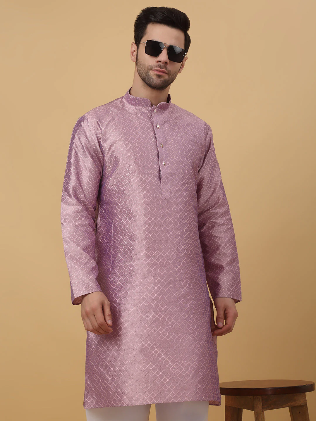 KRAFT INDIA Men's Silk Blend Geometric Jacquard Kurta With White Elastic Waistband Pyjama Set - Image 9