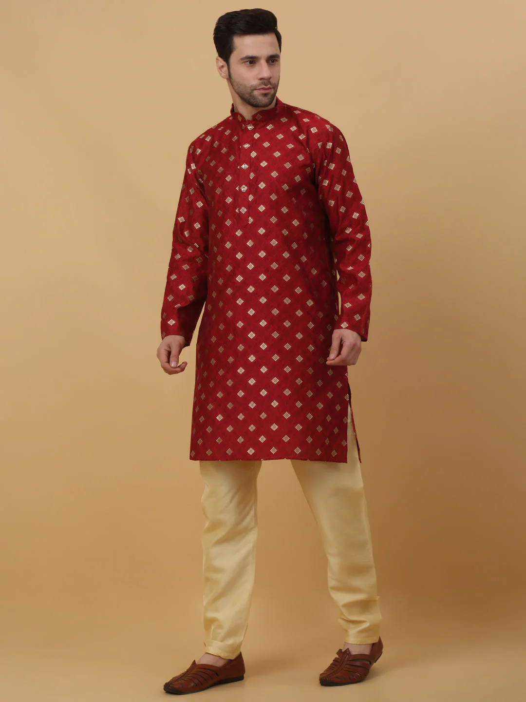 KRAFT INDIA Men's Silk Blend Jacquard Gold Print Kurta with Beige Elastic Waistband Churidar Set - Image 10