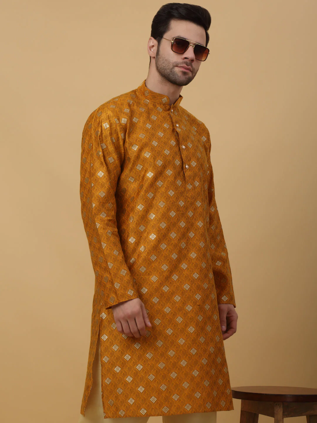 KRAFT INDIA Men's Silk Blend Jacquard Gold Print Kurta with Beige Elastic Waistband Churidar Set - Image 11