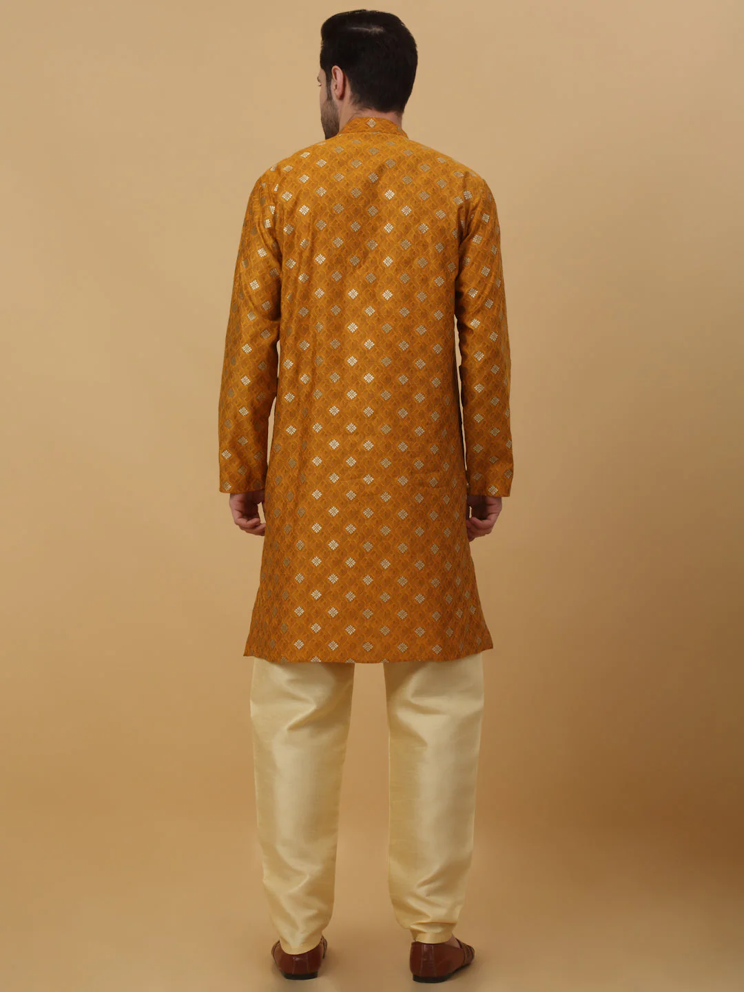 KRAFT INDIA Men's Silk Blend Jacquard Gold Print Kurta with Beige Elastic Waistband Churidar Set - Image 12