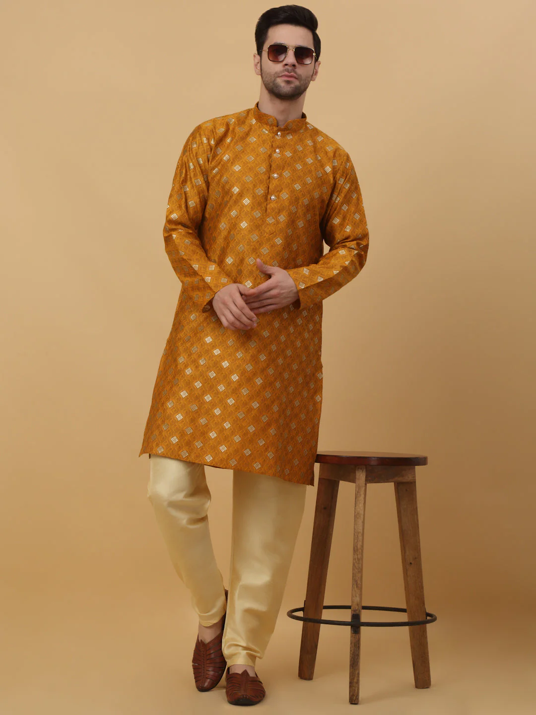 KRAFT INDIA Men's Silk Blend Jacquard Gold Print Kurta with Beige Elastic Waistband Churidar Set - Image 14