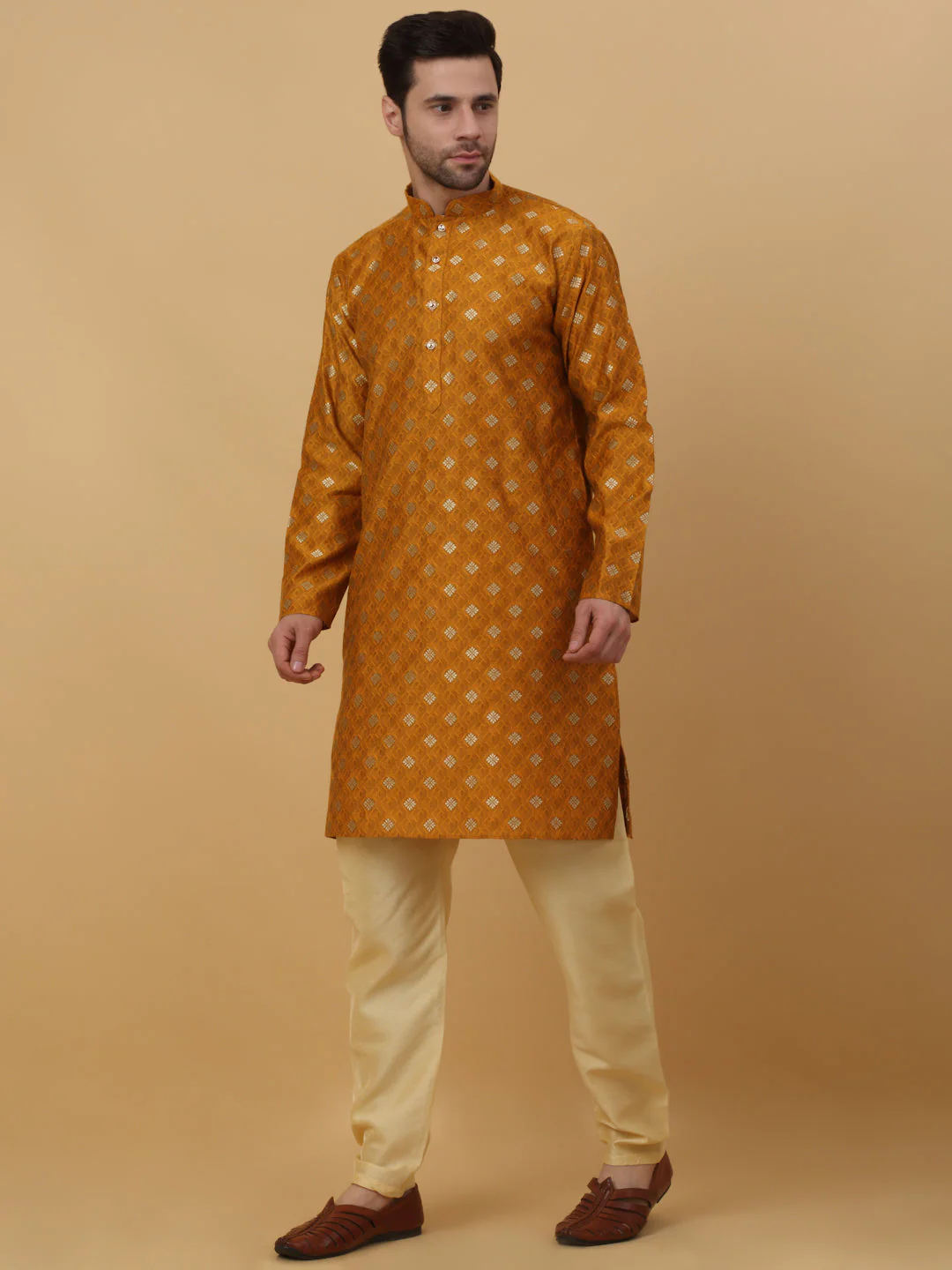 KRAFT INDIA Men's Silk Blend Jacquard Gold Print Kurta with Beige Elastic Waistband Churidar Set - Image 15