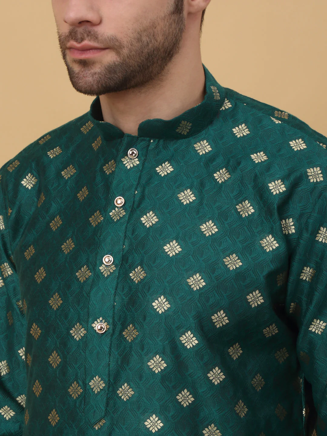 KRAFT INDIA Men's Silk Blend Jacquard Gold Print Kurta with Beige Elastic Waistband Churidar Set - Image 3