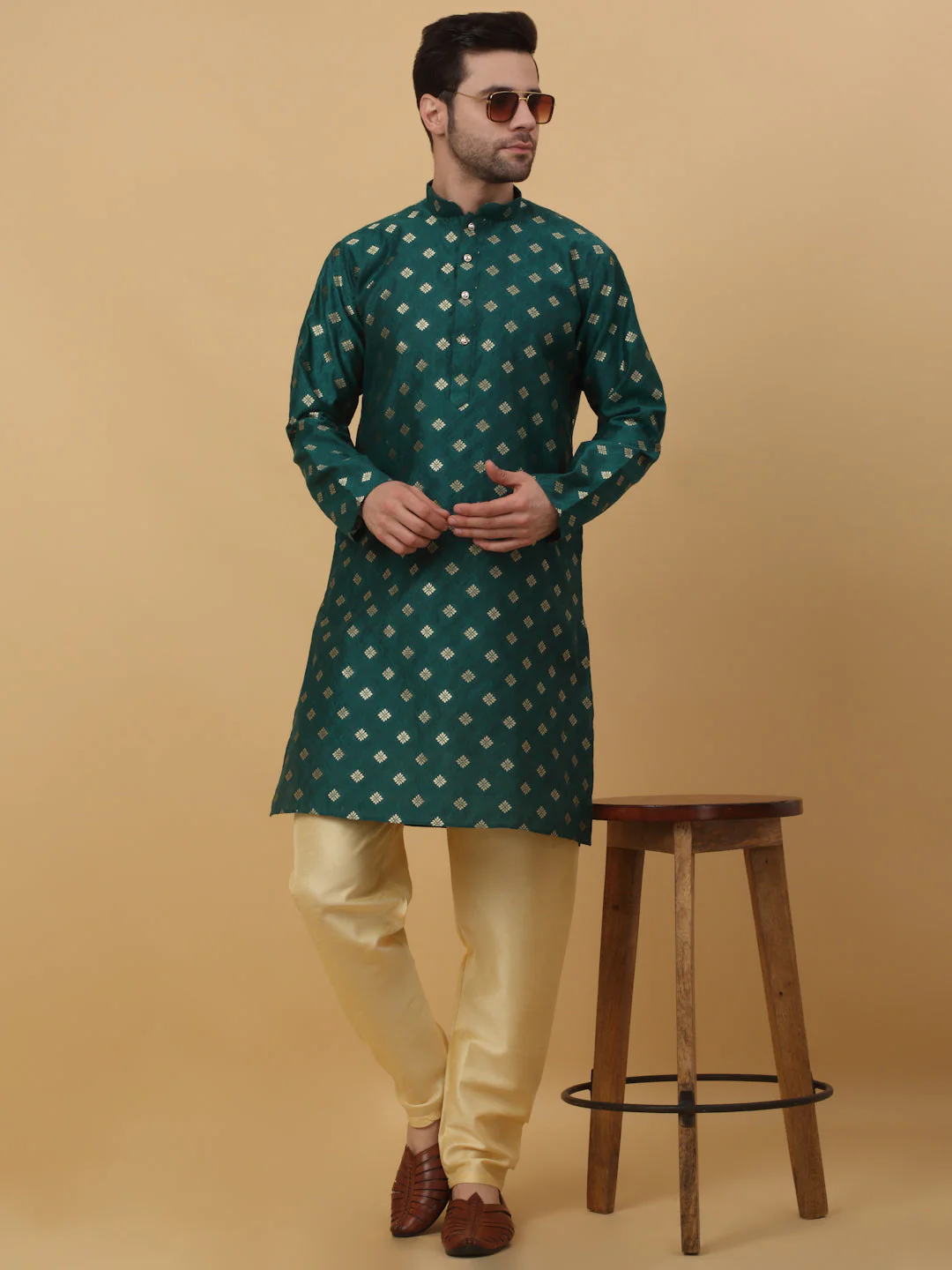 KRAFT INDIA Men's Silk Blend Jacquard Gold Print Kurta with Beige Elastic Waistband Churidar Set - Image 4