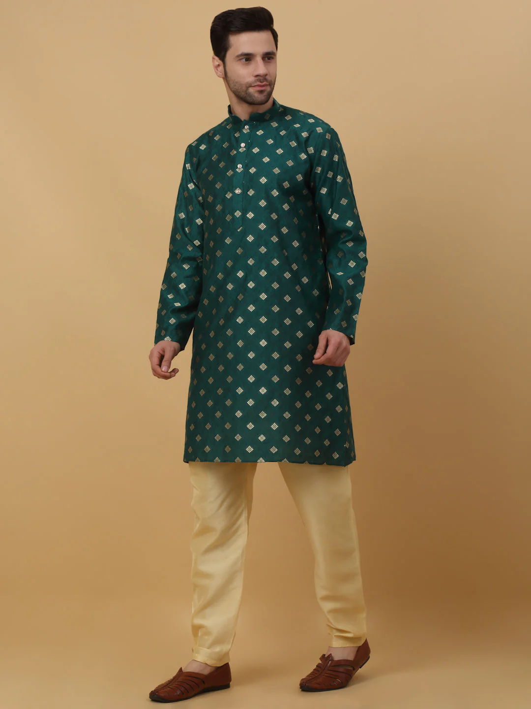 KRAFT INDIA Men's Silk Blend Jacquard Gold Print Kurta with Beige Elastic Waistband Churidar Set - Image 5