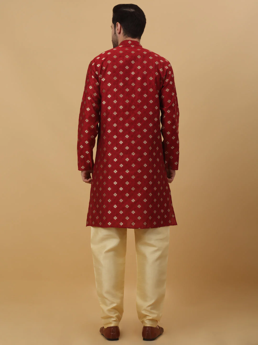 KRAFT INDIA Men's Silk Blend Jacquard Gold Print Kurta with Beige Elastic Waistband Churidar Set - Image 7