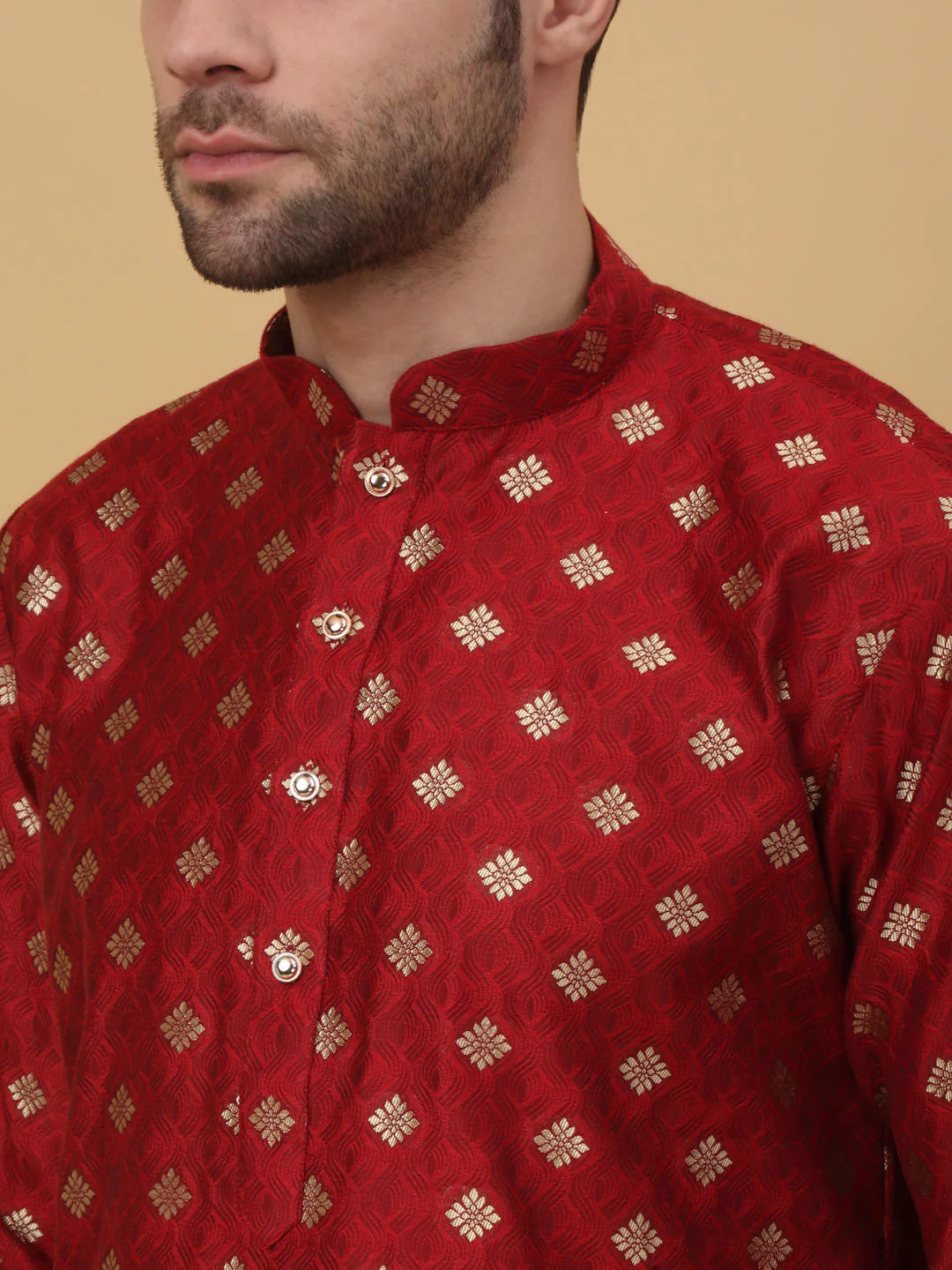 KRAFT INDIA Men's Silk Blend Jacquard Gold Print Kurta with Beige Elastic Waistband Churidar Set - Image 8