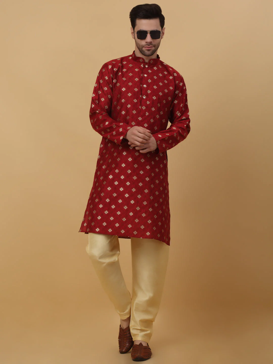KRAFT INDIA Men's Silk Blend Jacquard Gold Print Kurta with Beige Elastic Waistband Churidar Set - Image 9