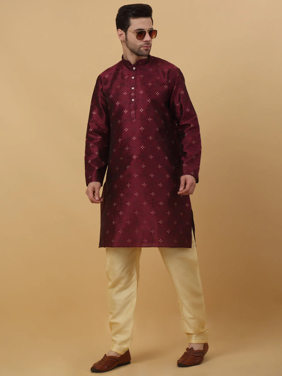 KRAFT INDIA Men's Silk Blend Jacquard Sequenced Kurta with Beige Elastic Waistband Churidar Set - Image 10