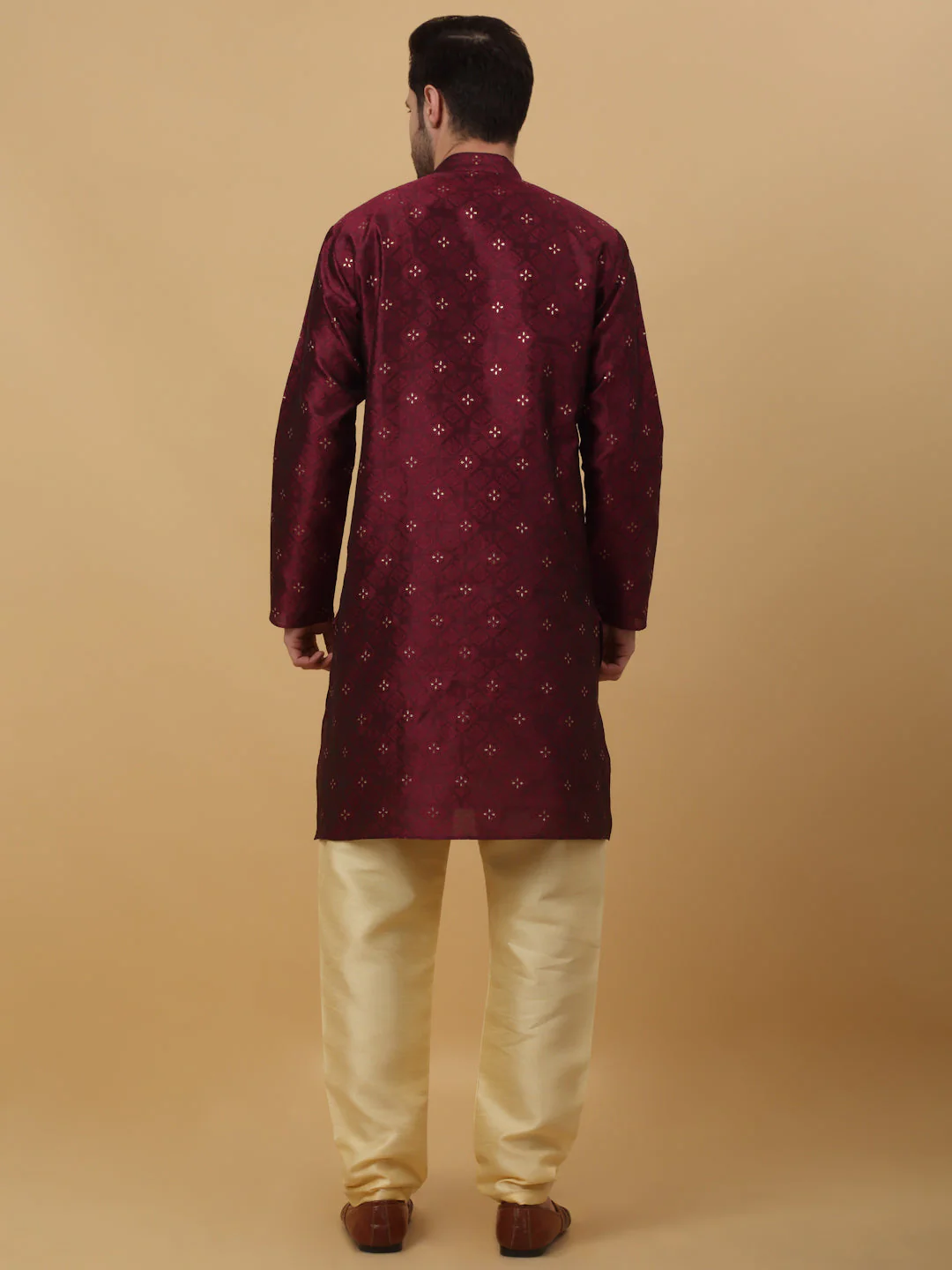 KRAFT INDIA Men's Silk Blend Jacquard Sequenced Kurta with Beige Elastic Waistband Churidar Set - Image 11