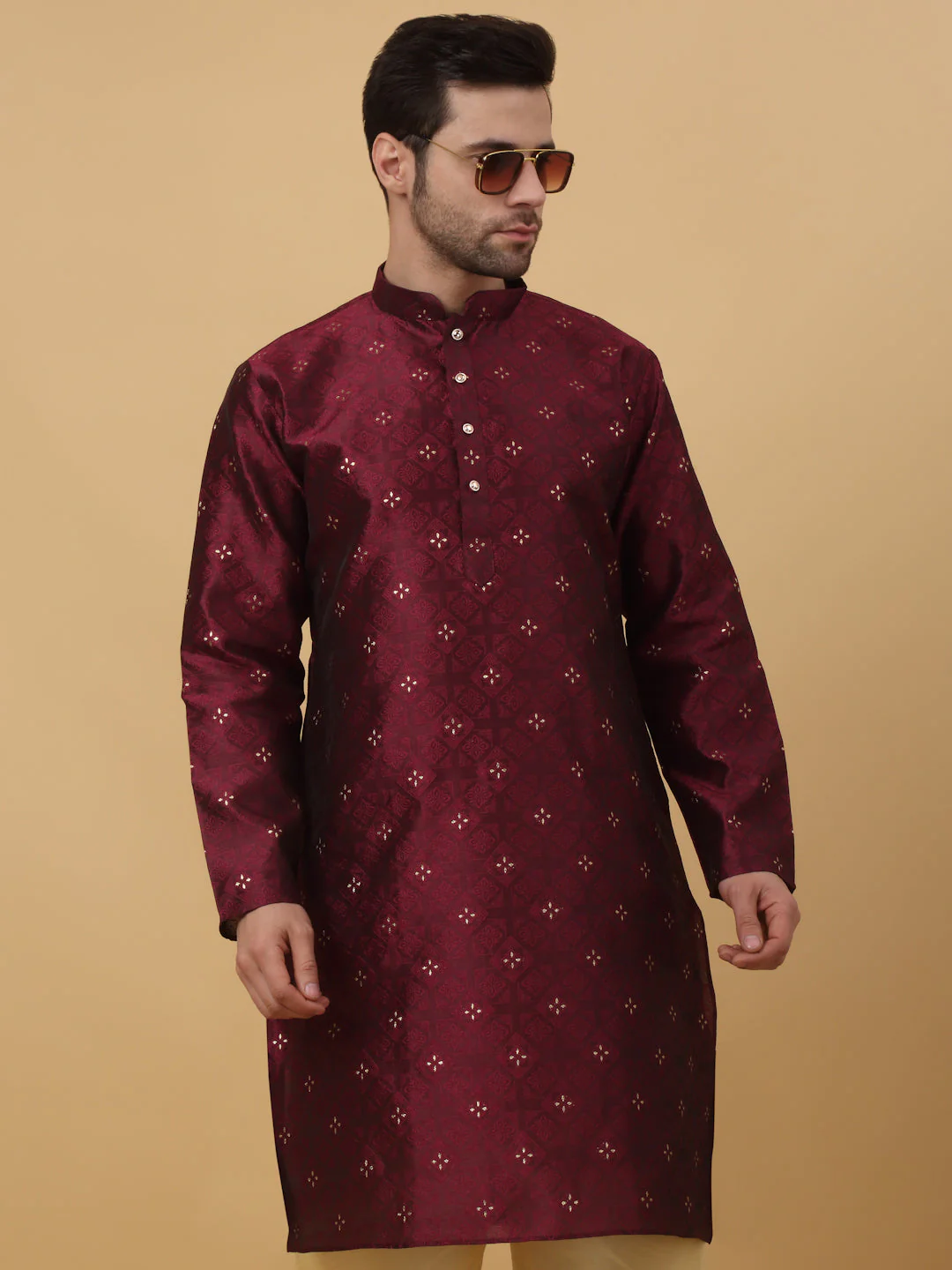 KRAFT INDIA Men's Silk Blend Jacquard Sequenced Kurta with Beige Elastic Waistband Churidar Set - Image 14