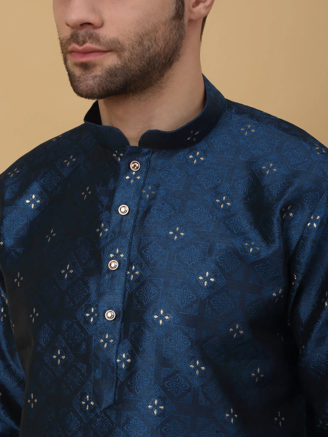 KRAFT INDIA Men's Silk Blend Jacquard Sequenced Kurta with Beige Elastic Waistband Churidar Set - Image 3