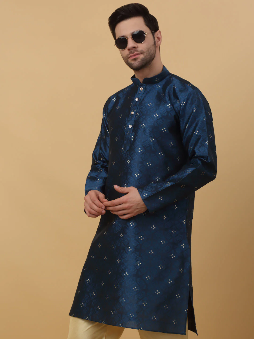 KRAFT INDIA Men's Silk Blend Jacquard Sequenced Kurta with Beige Elastic Waistband Churidar Set - Image 5