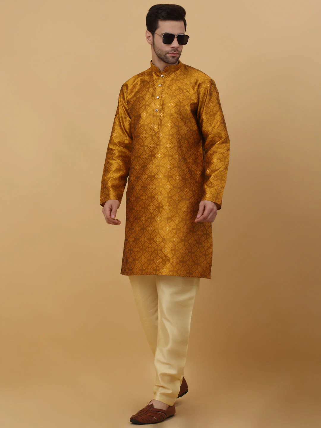 KRAFT INDIA Men's Silk Blend Jacquard Sequenced Kurta with Beige Elastic Waistband Churidar Set - Image 6