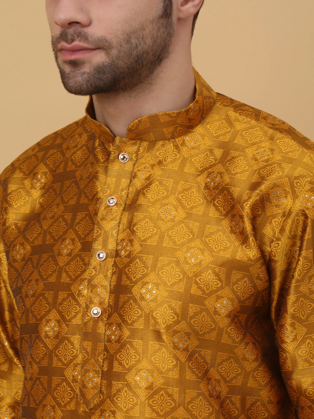 KRAFT INDIA Men's Silk Blend Jacquard Sequenced Kurta with Beige Elastic Waistband Churidar Set - Image 8