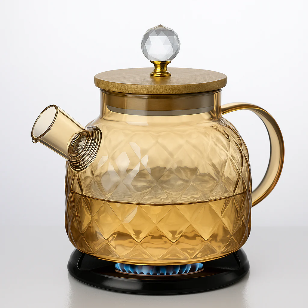 LA' VITE 1L Borosilicate Glass Kettle – Heat-Proof | Golden Stainless Steel Lid | Crystal Knob | 304 SS Strainer | Flame, Induction & Microwave Safe - Image 5