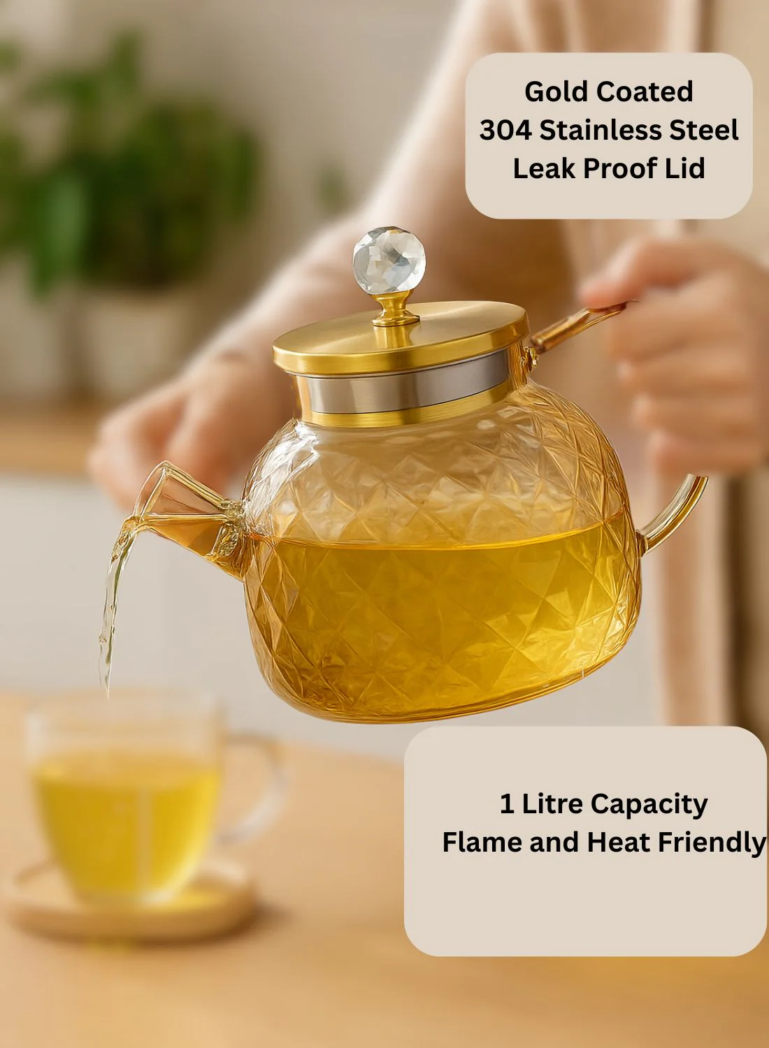 LA' VITE 1L Borosilicate Glass Kettle – Heat-Proof | Golden Stainless Steel Lid | Crystal Knob | 304 SS Strainer | Flame, Induction & Microwave Safe - Image 7