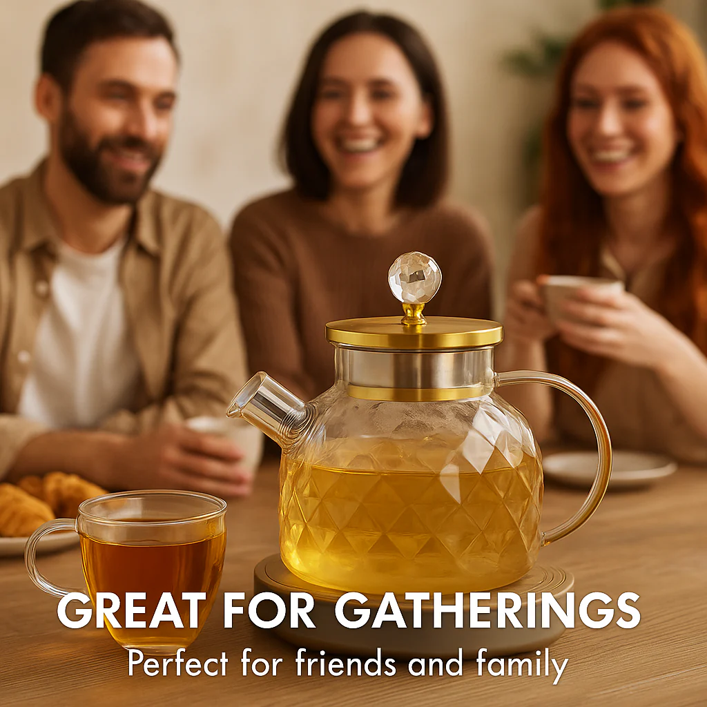 LA' VITE 1L Borosilicate Glass Kettle – Heat-Proof | Golden Stainless Steel Lid | Crystal Knob | 304 SS Strainer | Flame, Induction & Microwave Safe - Image 8