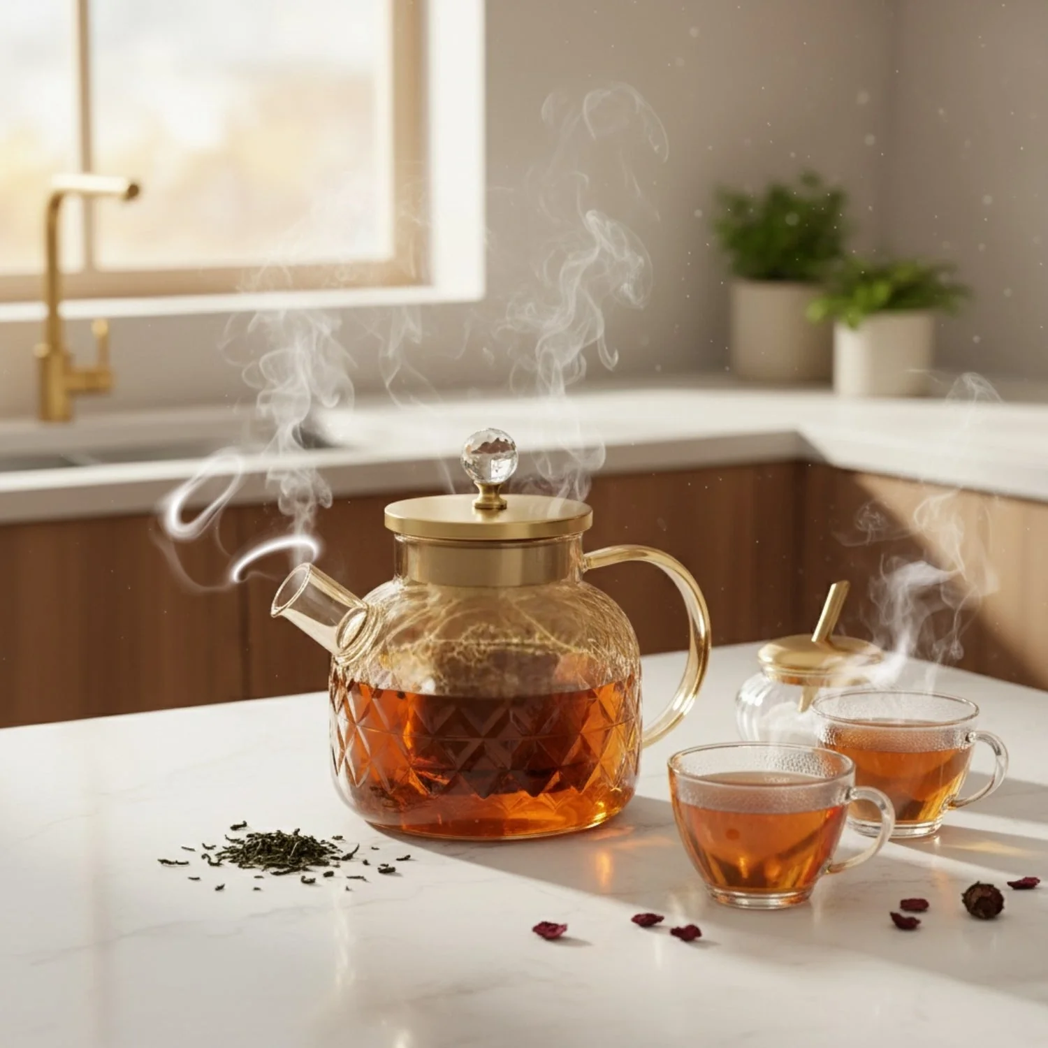 LA' VITE 1L Borosilicate Glass Kettle – Heat-Proof | Golden Stainless Steel Lid | Crystal Knob | 304 SS Strainer | Flame, Induction & Microwave Safe - Image 9